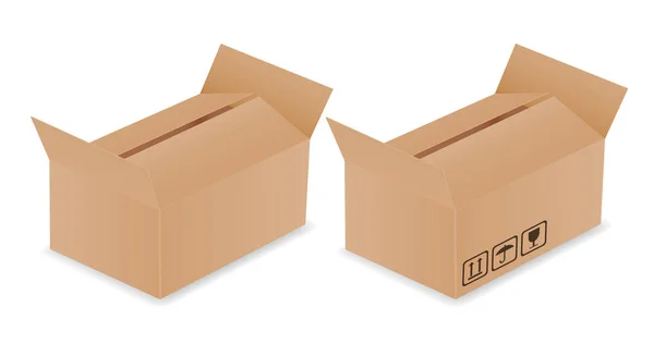 带开盖和运输符号的纸箱递送箱的两个矢量逼真插图集 在白色背景上隔离 文本空间为空 — 图库矢量图片