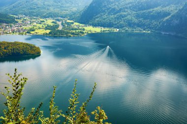 Göl, dağ ve orman görünümünü Avusturya Hallstatt. Su üzerinde yelken tekne