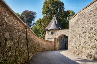 Taş duvar kale kapısı veya Salzburg Kalesi, ağaçlar ve mavi gökyüzü ile