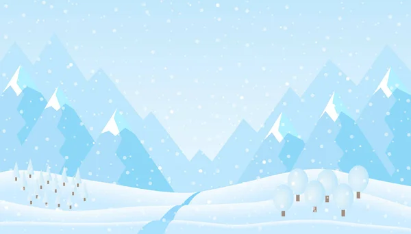 Плоский Рисунок Зимнего Горного Пейзажа Холмами Деревьями Голубым Небом Снегом — стоковый вектор