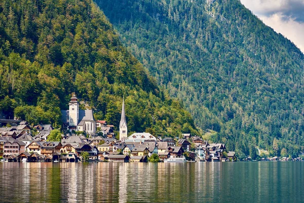 View Lake City Hallstatt Church Mountains Forests Sky Clouds Reflection — Stock Photo, Image