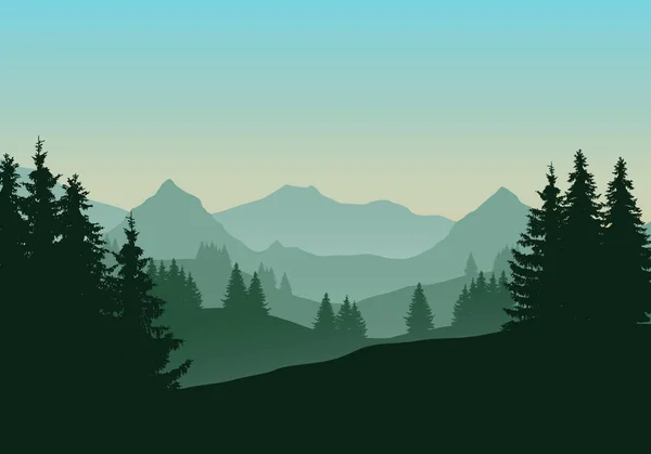 Реалістична Ілюстрація Гірського Пейзажу Хвойними Лісами Деревами Під Зеленим Блакитним — стоковий вектор