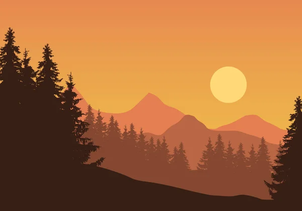 Illustration Réaliste Paysage Montagneux Avec Forêt Conifères Arbres Sous Ciel — Image vectorielle