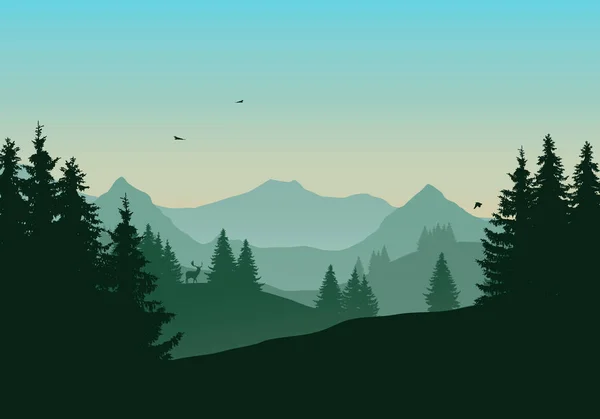 Vektorillustration Der Landschaft Mit Bergen Und Nadelwald Hirschen Und Fliegenden — Stockvektor