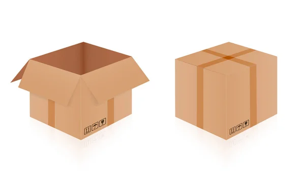 Boîte Carton Ouverte Fermée Avec Ruban Adhésif Avec Panneaux Signalisation — Image vectorielle