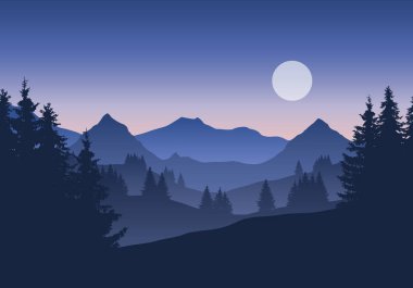 Dağ manzarası ile orman altında mavi sabah veya akşam gökyüzü ile moons, illüstrasyon vektör gündoğumu veya günbatımı-