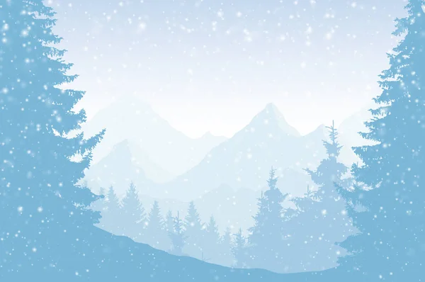 Векторна Ілюстрація Сніжного Зимового Гірського Пейзажу Лісом Небом Падаючим Снігом — стоковий вектор