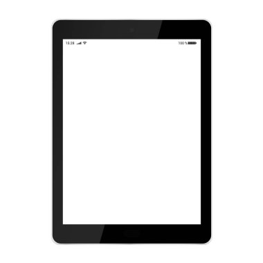 Siyah tablet pil, wifi ve hücresel ağ ile beyaz dokunmatik ekran ile gerçekçi resmi semboller, parlama ile beyaz arka plan üzerinde - izole vektör