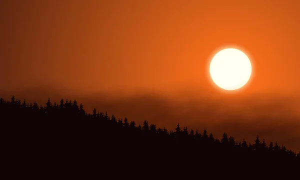 Illustration Réaliste Paysage Montagneux Avec Forêt Conifères Sous Ciel Orange — Image vectorielle