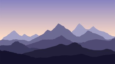 Vector abstract illustration of a multi-layered mountain landscape under a purple morning or evening sky with a rising or setting sun - vector clipart