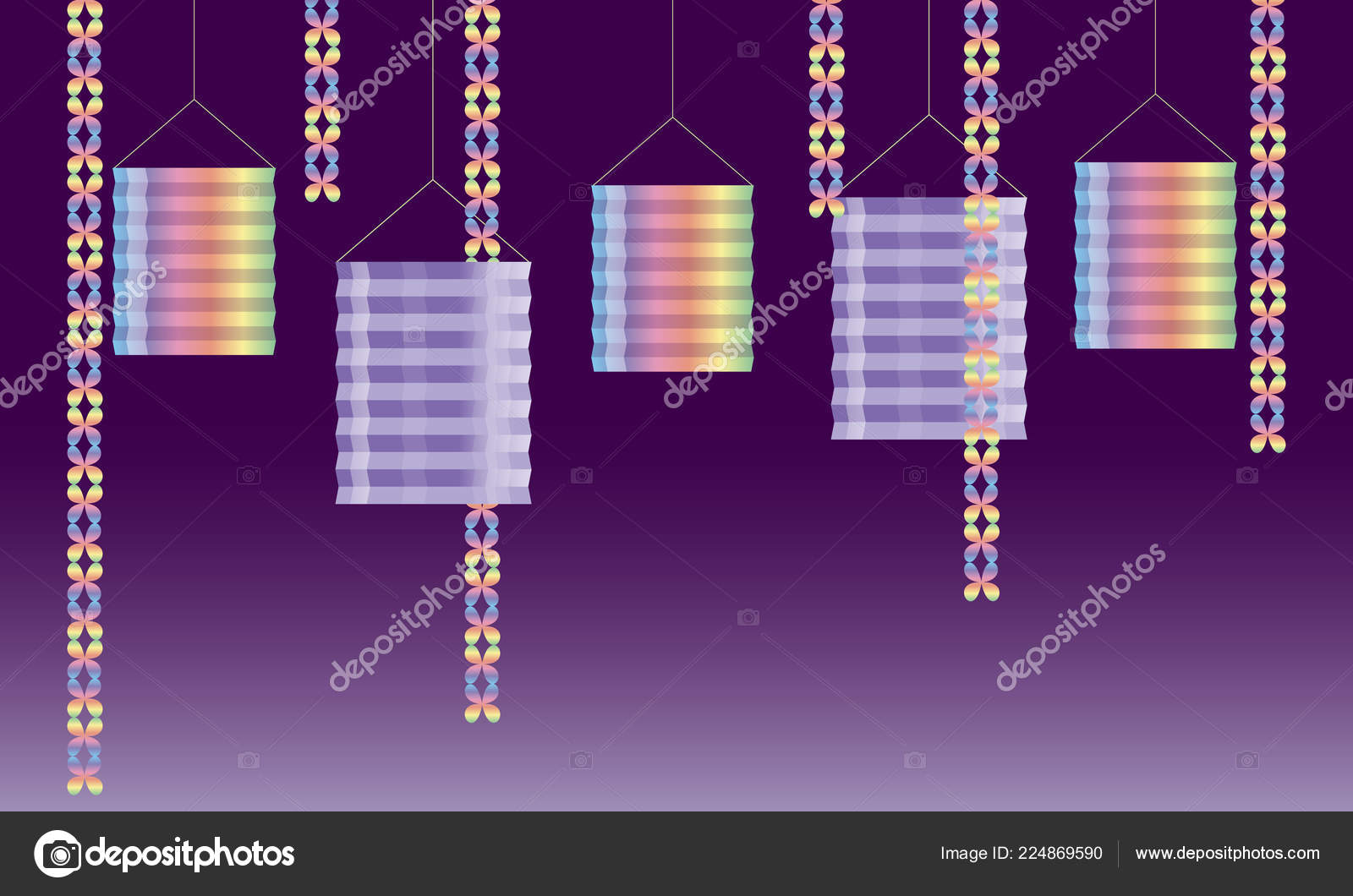 カラフルなイラスト紙灯籠 チェーン 紫色の背景 記念日や祝日に適した