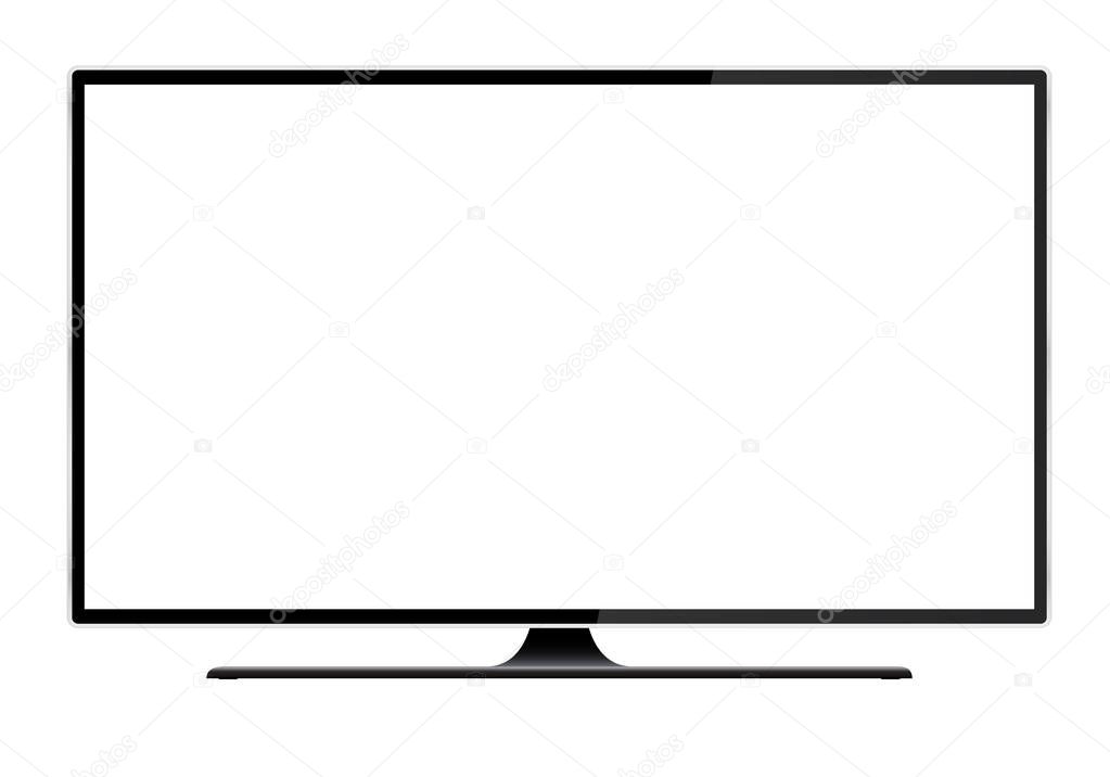 Realistic illustration of black TV with stand and blank white isolated screen with space for your text or image - vector