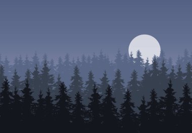 Gerçekçi illüstrasyon vektör bir kış iğne yapraklı Ladin veya çam ormanı ile bir ay - gri gece gökyüzü altında