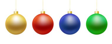 Noel topları altın, mavi, yeşil ve kırmızı beyaz arka plan üzerinde - vecto izole altın ipte gerçekçi çizimleri kümesi