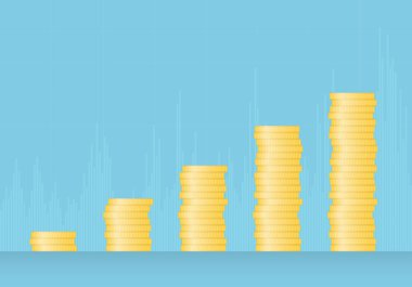 Altın büyüyen grafik illüstrasyon mavi yeşil bir arka plan üzerinde - sikke vektör