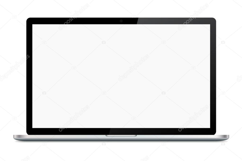 Realistic illustration of a silver laptop with blank white screen with webcam and black frame, isolated on white background - vector