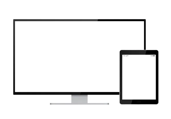 黑色显示器的现实例证为 和平板电脑与连接图标和信号 与白色触摸屏 查出在白色背景 — 图库矢量图片
