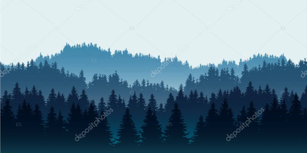 Realistic illustration of coniferous forest on hills in multiple layers, under blue sky and space for text - vector