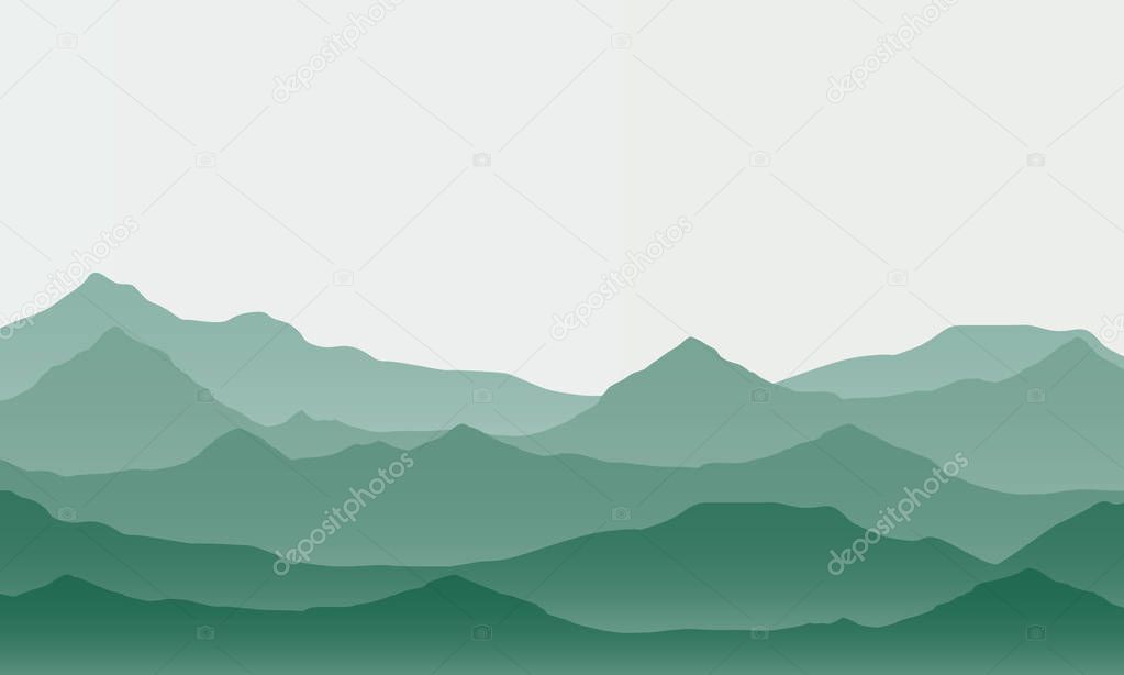 Realistic illustration of mountain landscape with fog under green sky - vector