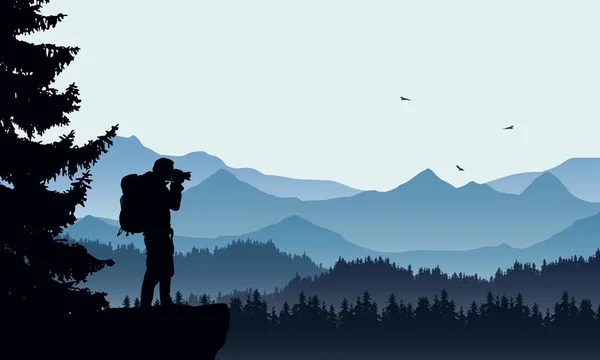 Ilustración Realista Paisaje Montañoso Con Bosque Coníferas Fotógrafos Turistas Con — Vector de stock