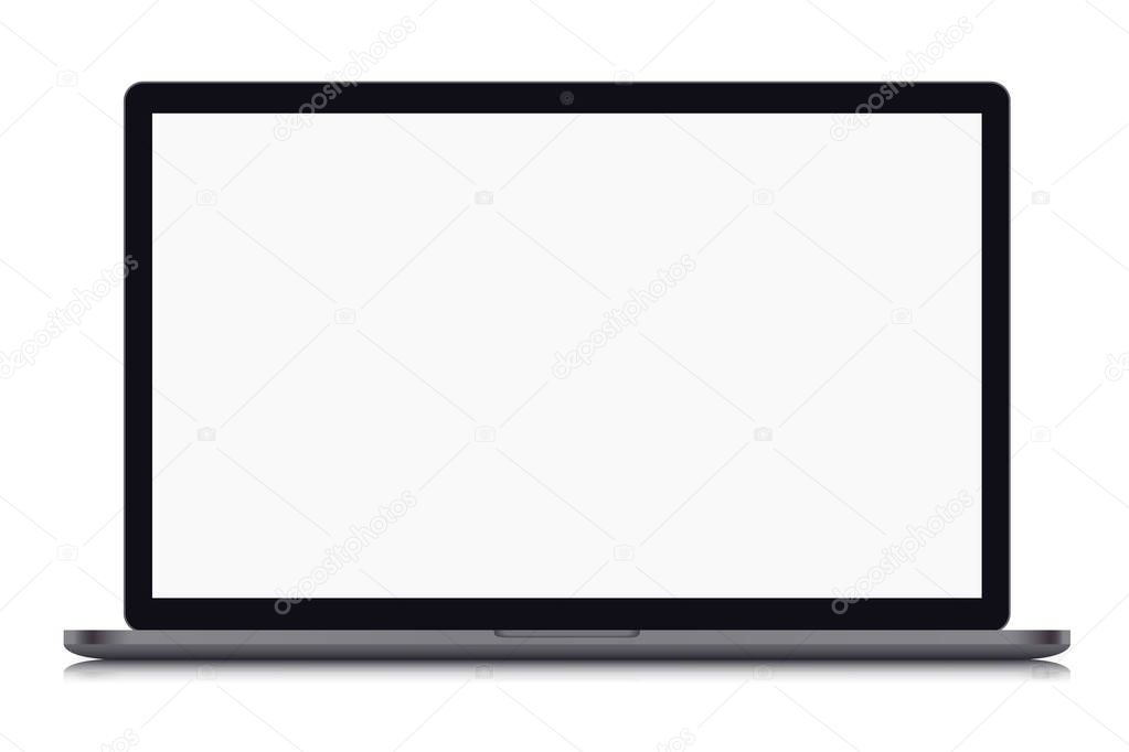 Realistic illustration of a grey laptop with blank white screen with webcam and black frame, isolated on white background - vector