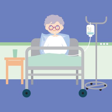 Eski hastanede yatakta yalan ve intravenöz Inj sahip kadın