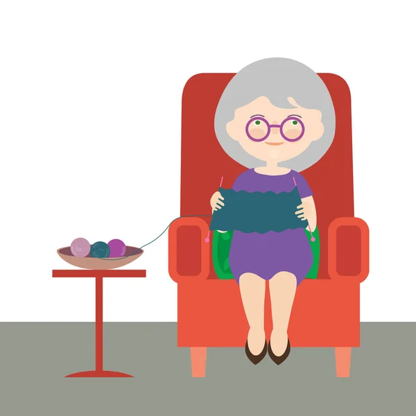 Ilustración Dibujos Animados Diseño Plano Una Anciana Abuela Sentada Sillón — Vector de stock