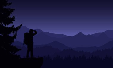 Gece dağ manzarası gösterimi ile iğne yapraklı orman ve turistik altında mor gökyüzü - vektör
