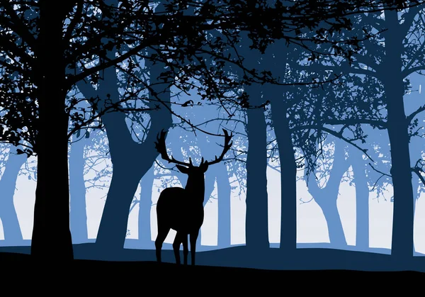 Illustrazione Della Silhouette Cervo Con Cielo Blu Foresta Decidua Vettore — Vettoriale Stock