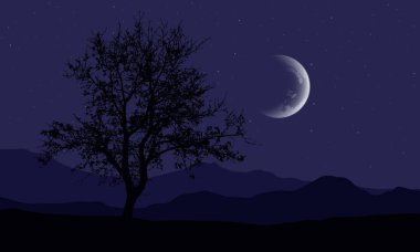Bir gece dağ manzarası gerçekçi çizimi yaprak döken bir ağaç ve yıldız ve hilal - mor bir gökyüzü altında bir tepe ile vektör