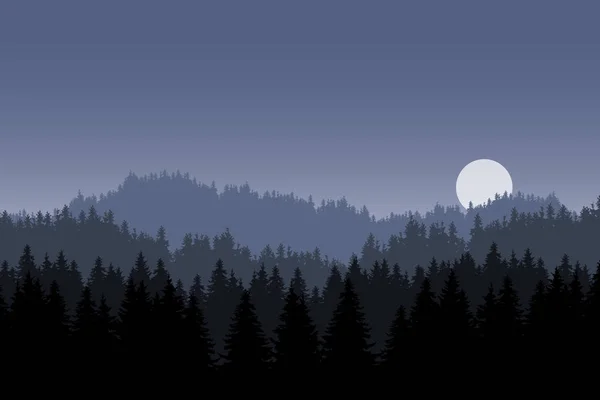 Ilustración Realista Paisaje Montañoso Nocturno Con Bosque Coníferas Colina Bajo — Vector de stock