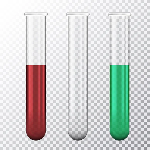Set of realistic illustration of three test tube with red blood or green fluid, isolated on transparent background - vector