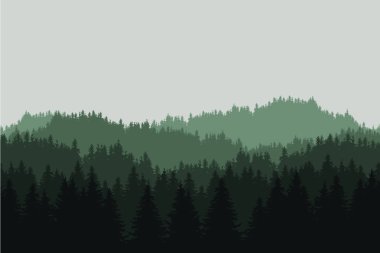 Yeşil dağ manzarası ile iğne yapraklı orman ağaçları ve gri bir gökyüzü altında tepeler ile gerçekçi çizimi daire - vektör