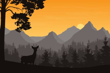 Dağ manzarası ile iğne yapraklı orman ve geyik gerçekçi Illustration. Sabah portakal gökyüzü bulutlu yükselen güneş - altında vektör