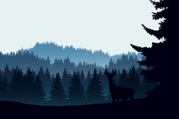 Realistické Ilustrace Horské Krajiny Jehličnatých Lesů Jeleny Pod Zelenou Oblohu — Stockový vektor