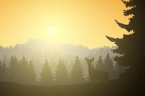 Realistické Ilustrace Horské Krajiny Jehličnatých Lesů Jelen Pod Oblohou Ranní — Stockový vektor