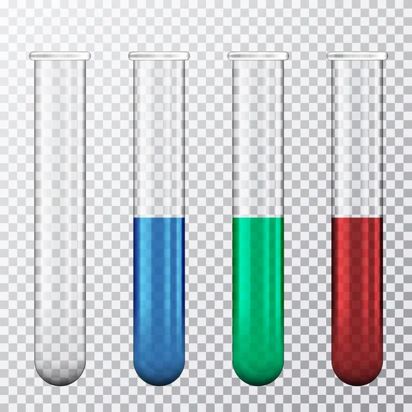 Realistic Illustration Set Glass Tubes Red Blue Green Liquid Isolated — Stock Vector
