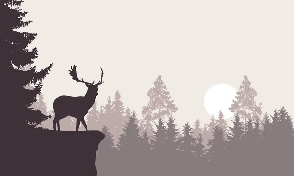 Realistic Illustration Mountain Landscape Forest Deer Standing Rock Retro Sky — Stock Vector