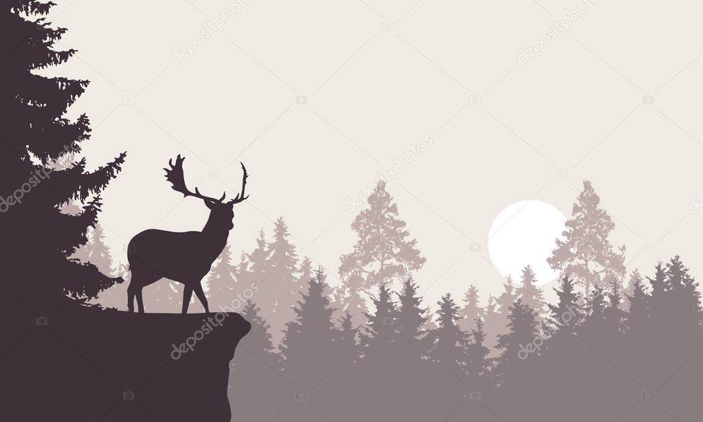 Realistic illustration of a mountain landscape with a forest with deer standing on a rock. Retro sky with rising sun or moon - vector
