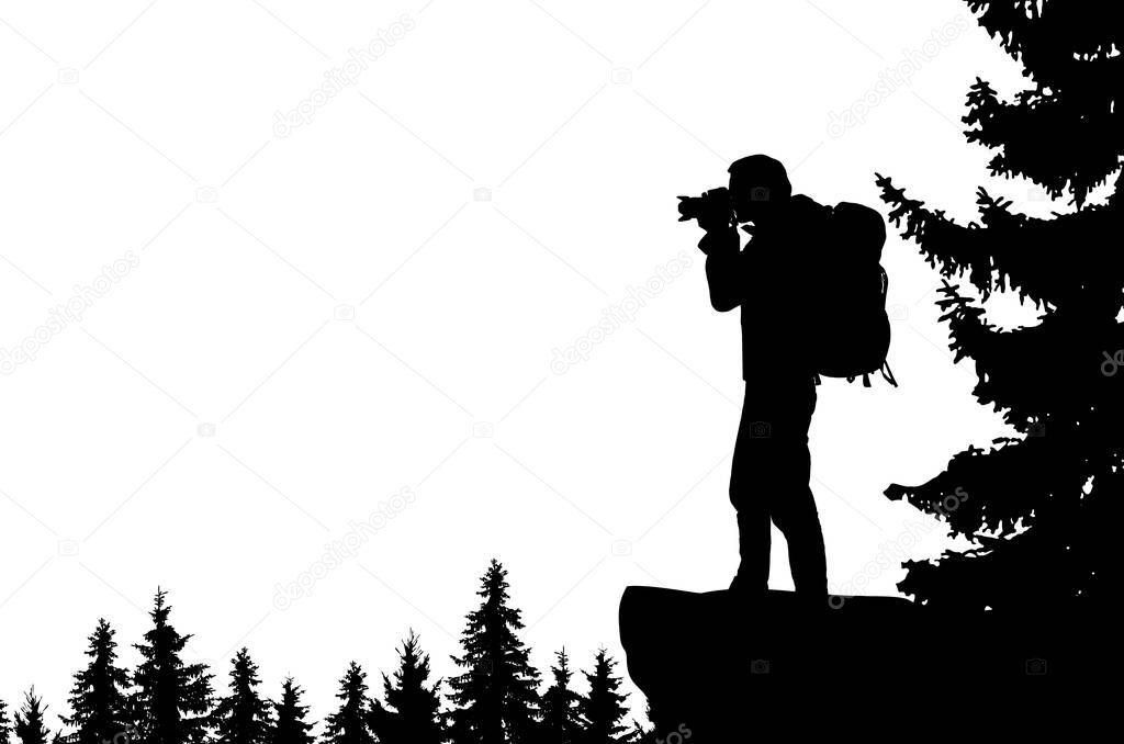 Realistic illustration of a man's silhouette with camera and backpack. It stands on the bay in the mountains and looks into the valley of the forest. Vector