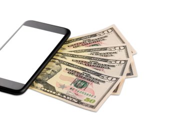 50 dolar cep telefonunun detaylı bir fotoğraf. Beyaz bir arka plan üzerinde izole.