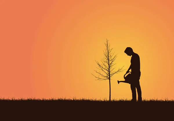 Реалистичная Иллюстрация Садовника Молодого Человека Банкой Полив Дерева Оранжевым Небом — стоковый вектор