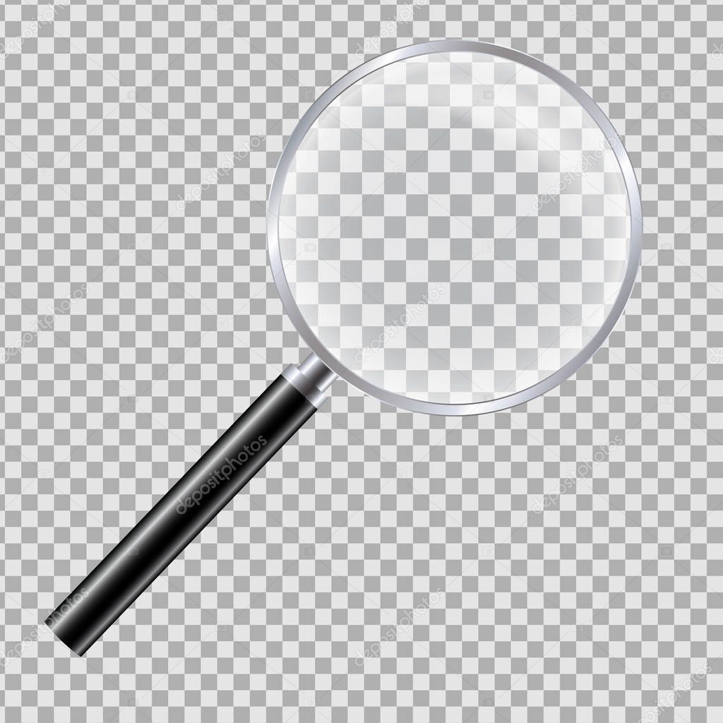 Realistic illustration of magnifying glass with reflection and black handle. Isolated on a transparent background - vector