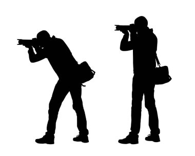 Bir adam fotoğrafçı ile fotoğraf makinesi ve çanta siluetleri gerçekçi Illustration. Beyaz arka plan üzerinde izole vektör
