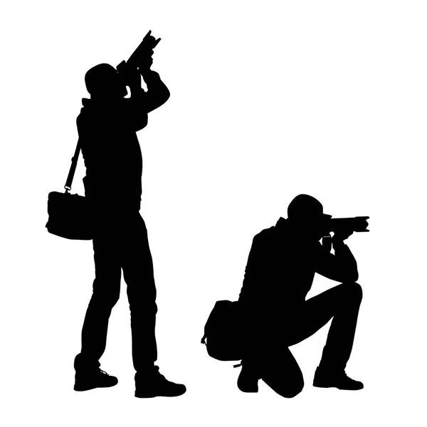 Realistic illustration of silhouettes of a standing and kneeling man photographer with camera and bag. Isolated vector on white background — Stock Vector
