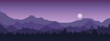 Dağ manzarası ile orman ve ağaç geniş gerçekçi Illustration. Gece gökyüzünde ay veya güneş ile mor - vektör