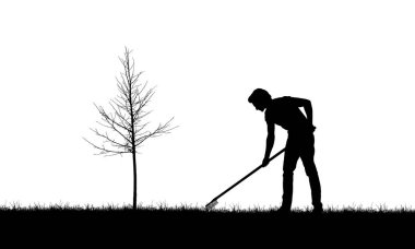 Rakes ile bir bahçıvan adam silüeti ile gerçekçi Illustration. Yaprakları olmadan çim ve genç ağaç, beyaz arka planda izole-vektör