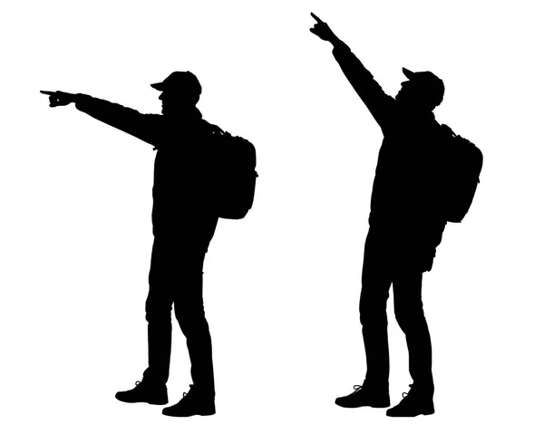 Silhouette realistica di uomo in piedi turista con zaino. Punta la mano in lontananza o in alto. Isolato su sfondo bianco - vettore — Vettoriale Stock