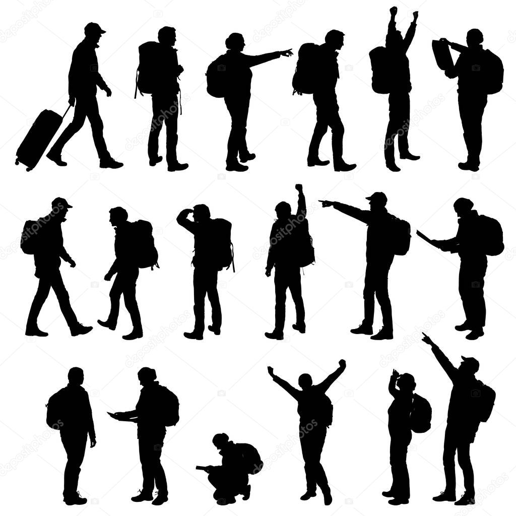 Set realistic silhouettes of tourists, men and women. Backpack on back, showing hands and rejoicing in success. - Vector
