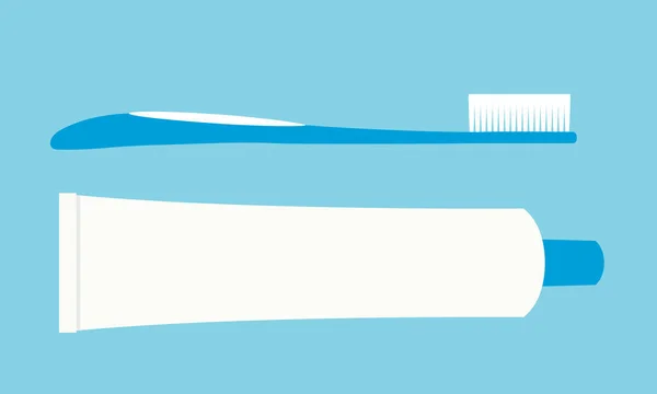 Diseño plano ilustración de cepillo de dientes y tubo de pasta de dientes. Cuidado dental, aislado sobre fondo verde-azul - vector — Vector de stock